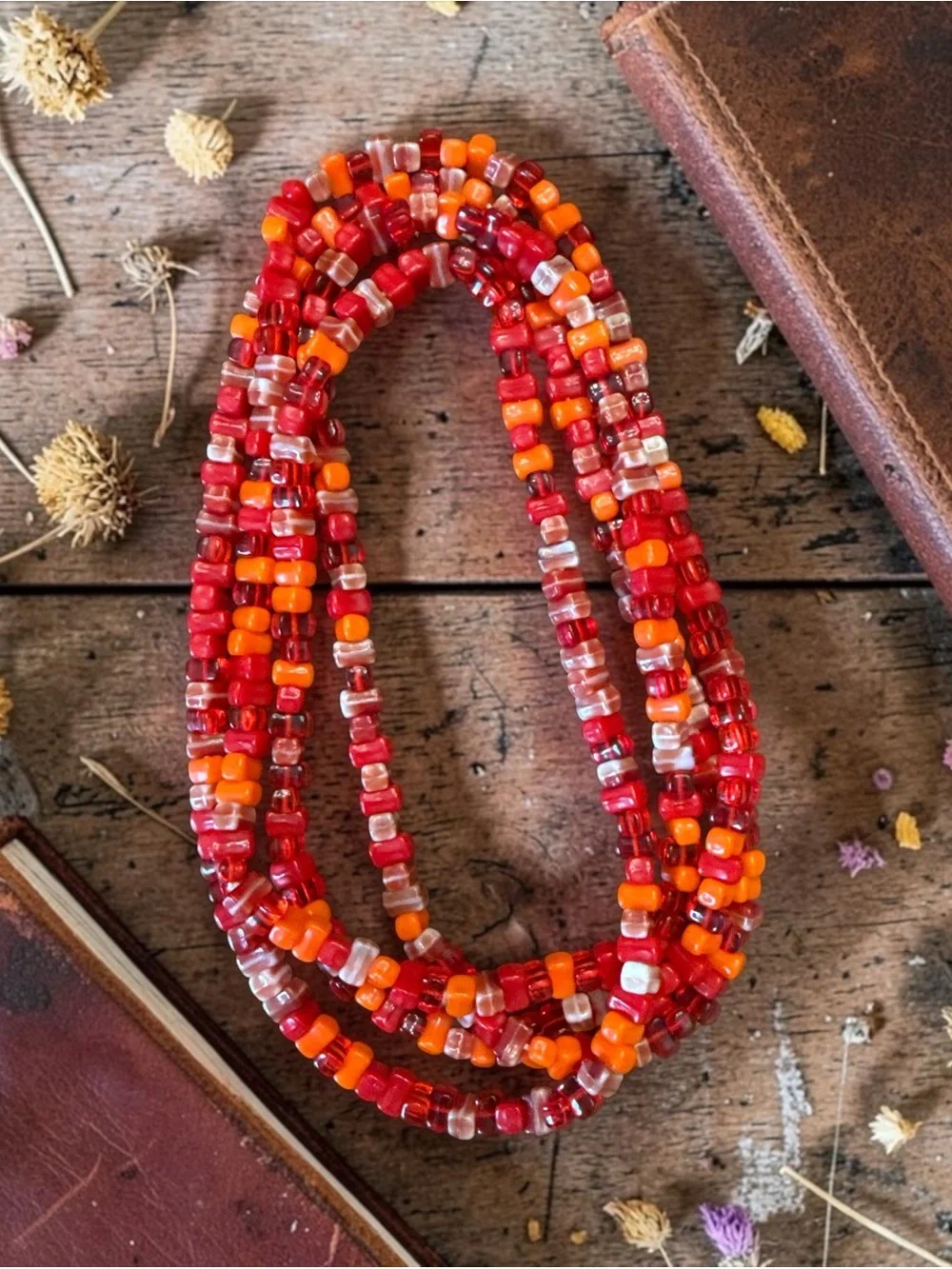 Vintage Red Orange Glass Bead Long Strand Necklace 49” Boho